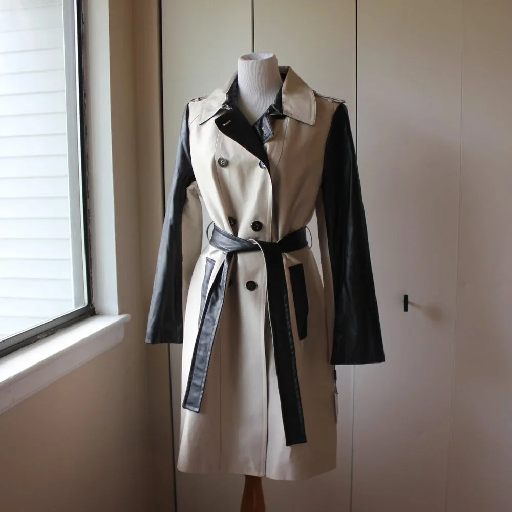 NWT Calvin Klein Trench Coat with Vegan Leather Contrast – Size L, Belted - Picture 12 of 16